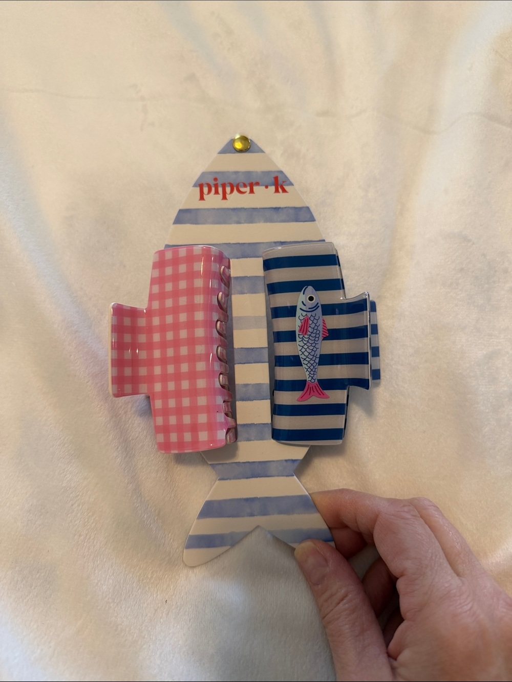 Piper K Pink Gingham & Blue Striped Sardine Hair Clip Set